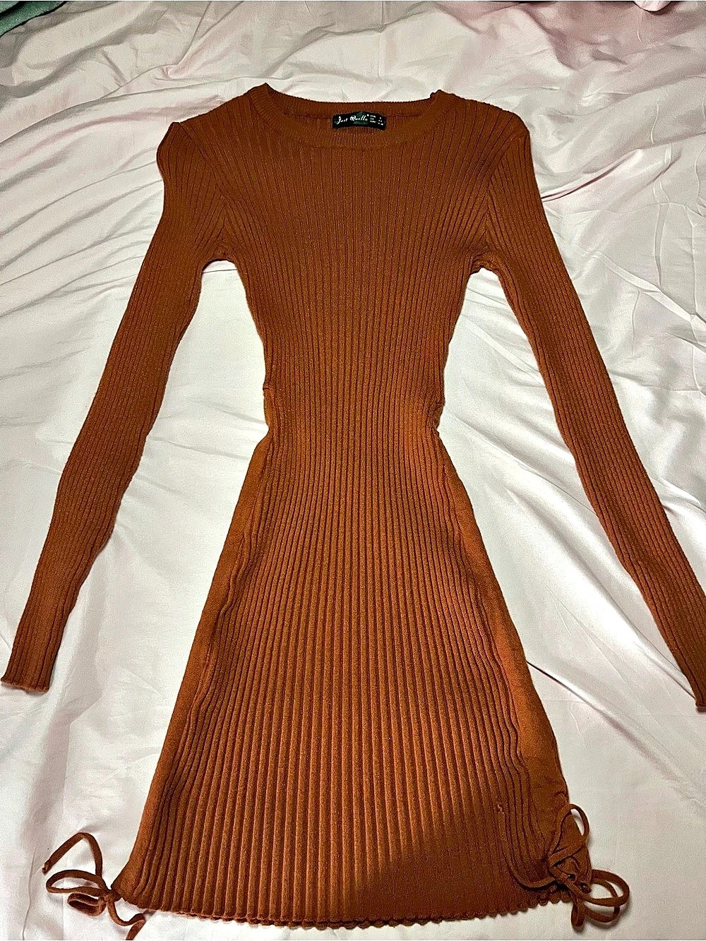 Just Quella Solid Color Round Neck Ribbed Knit Long Sleeve Sweater Dress Ribbed